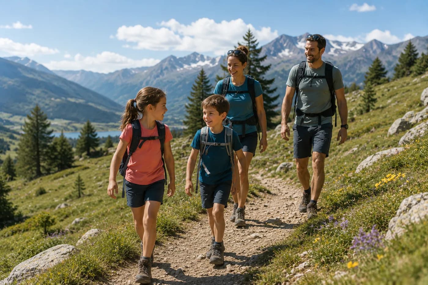 Família caminant amb motxilles per un camí de muntanya