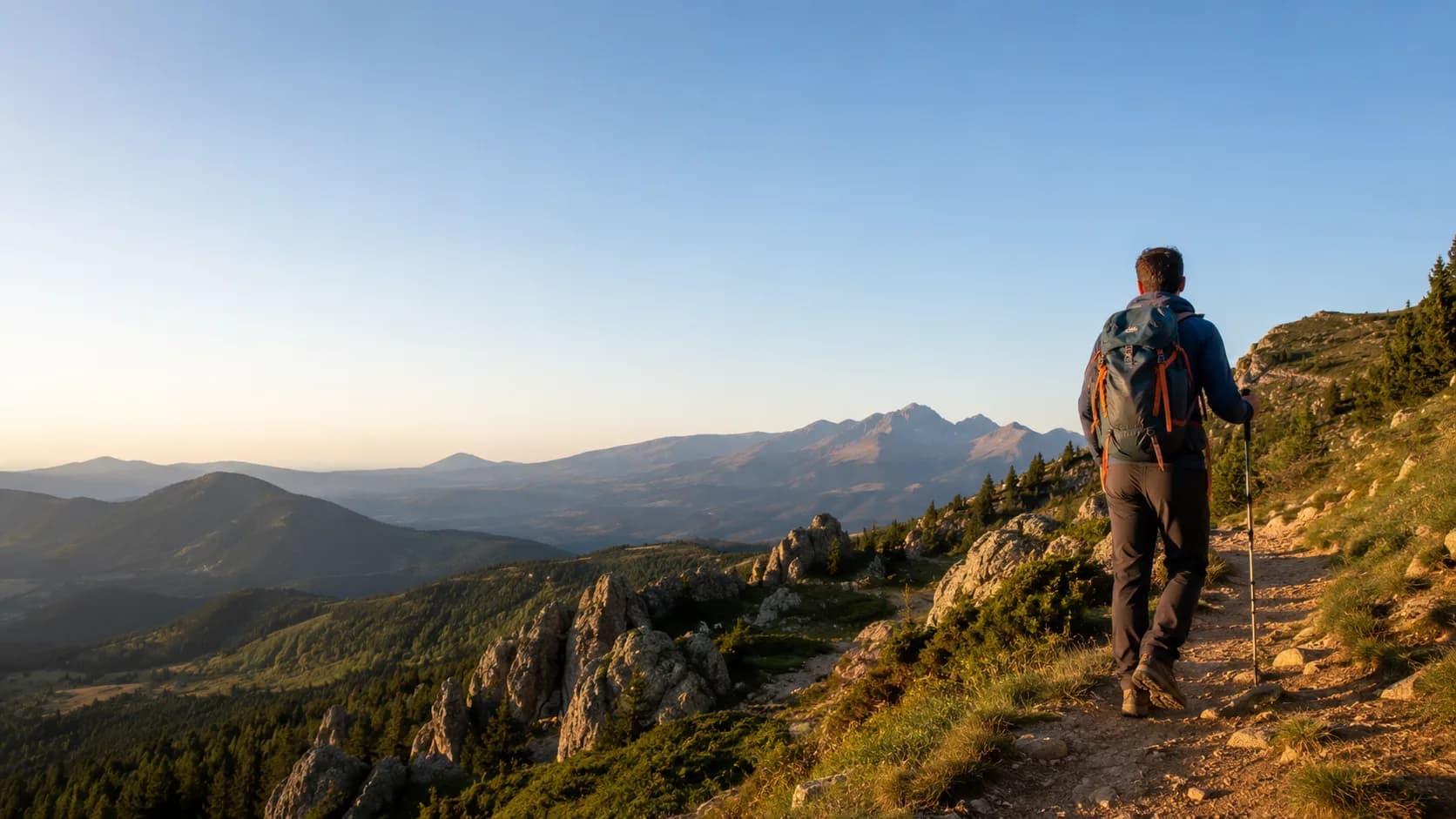 Hiker with a backpack gazing at the mountains of Cerdanya