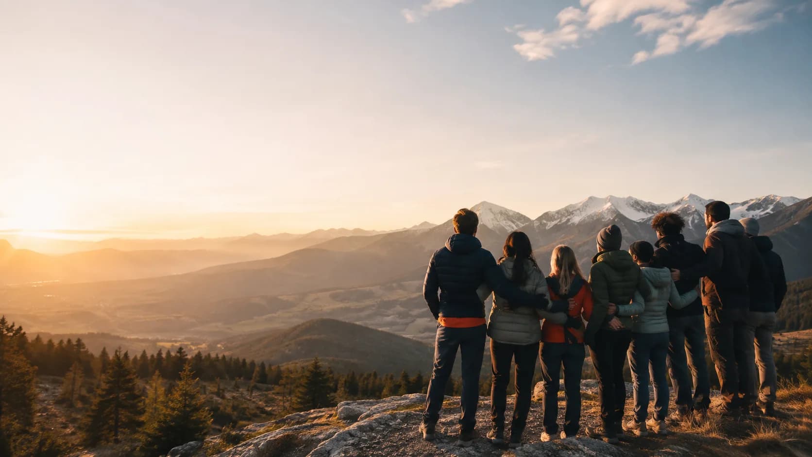 Group of people embracing while gazing at the mountains of La Cerdanya