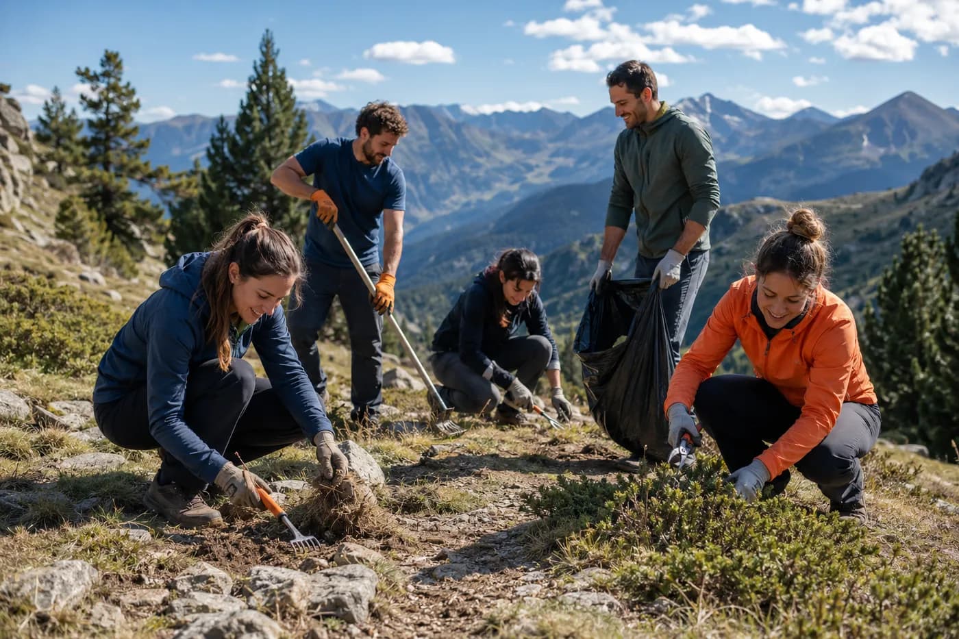 Voluntaris treballant en el manteniment d'un sender al bosc